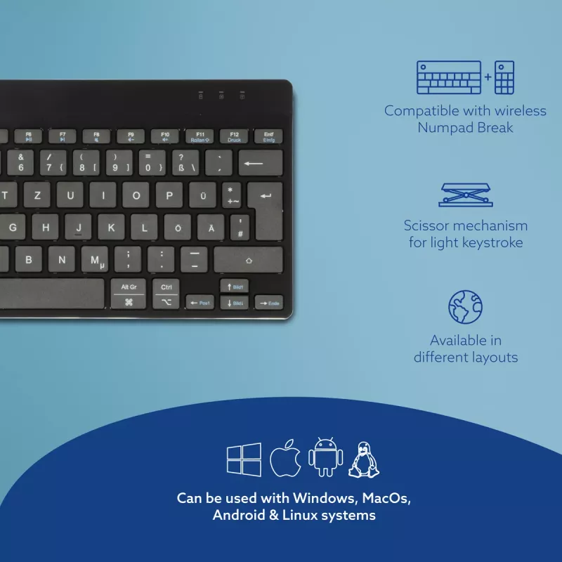 R-Go Tools Ergonomische Tastatur R-Go Compact Break, kompakte Tastatur mit Pausen-Software, QWERTZ (DE), Bluetooth, schwarz