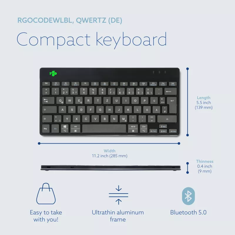 R-Go Tools Ergonomische Tastatur R-Go Compact Break, kompakte Tastatur mit Pausen-Software, QWERTZ (DE), Bluetooth, schwarz