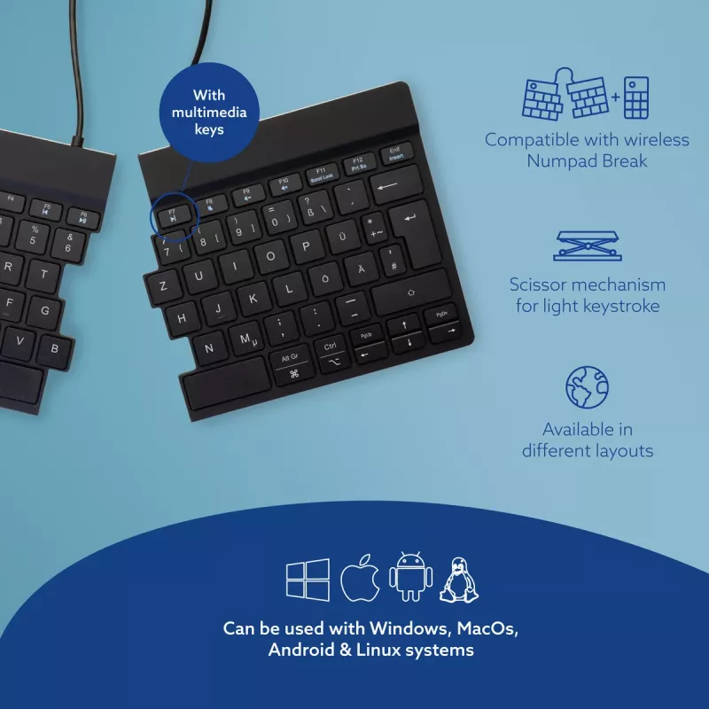 R-Go Tools Ergonomische Tastatur R-Go Split Break mit Break-Software, ergonomische geteilte Tastatur, QWERTZ (DE), Bluetooth, schwarz