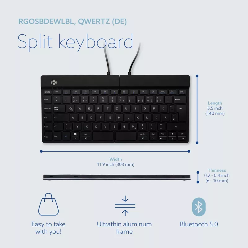 R-Go Tools Ergonomische Tastatur R-Go Split Break mit Break-Software, ergonomische geteilte Tastatur, QWERTZ (DE), Bluetooth, schwarz