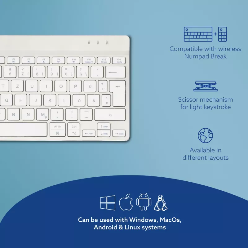 R-Go Tools Ergonomische Tastatur R-Go Compact Break, kompakte Tastatur mit Pausen-Software, QWERTZ (DE), Bluetooth, weiß
