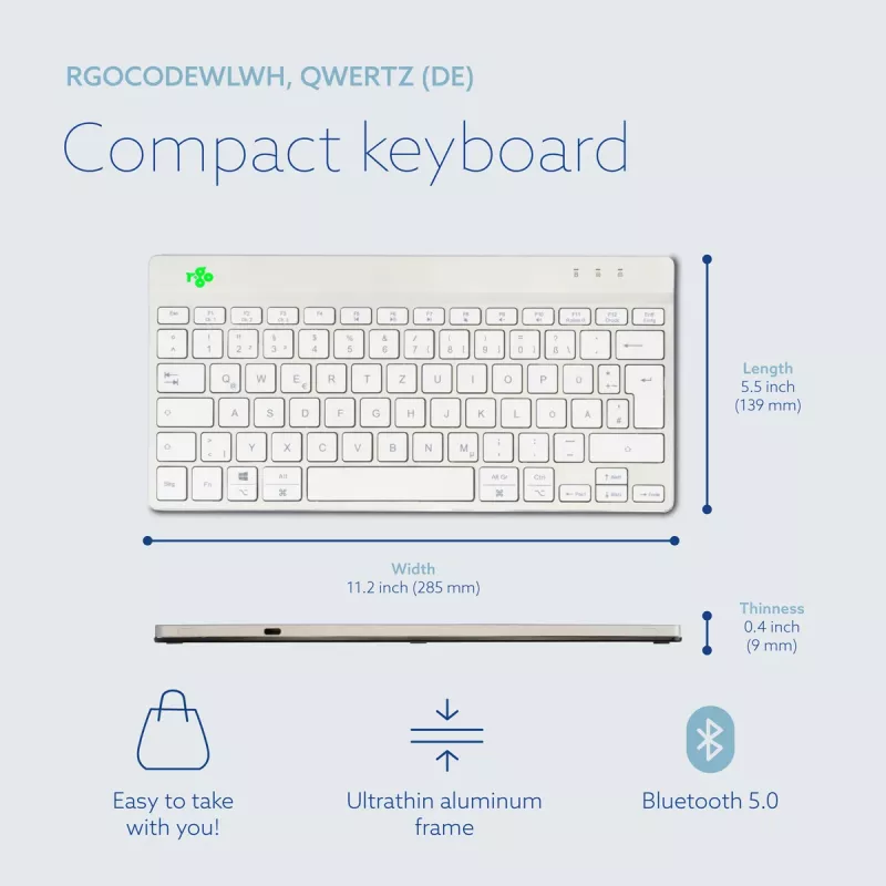 R-Go Tools Ergonomische Tastatur R-Go Compact Break, kompakte Tastatur mit Pausen-Software, QWERTZ (DE), Bluetooth, weiß