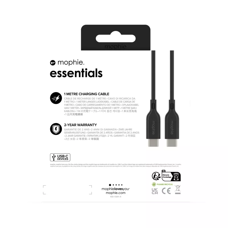 USB-C-auf-USB-C-Ladekabel 1 m — Zagg International mophie essentials, USB 2.0, Schwarz