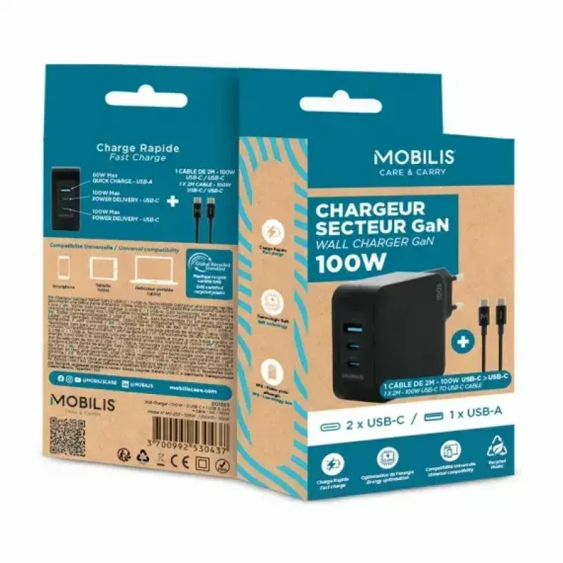 Ravanson Mobilis Ladegerät 100W GaN 2×USB‑C + 1×USB‑A AC für den Innenbereich — für Laptop, Smartphone, Tablet — Schwarz