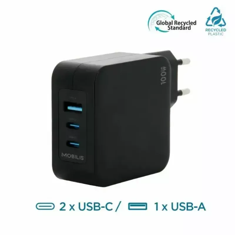 Ravanson Mobilis Ladegerät 100W GaN 2×USB‑C + 1×USB‑A AC für den Innenbereich — für Laptop, Smartphone, Tablet — Schwarz