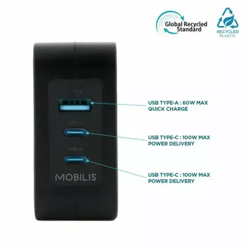 Ravanson Mobilis Ladegerät 100W GaN 2×USB‑C + 1×USB‑A AC für den Innenbereich — für Laptop, Smartphone, Tablet — Schwarz