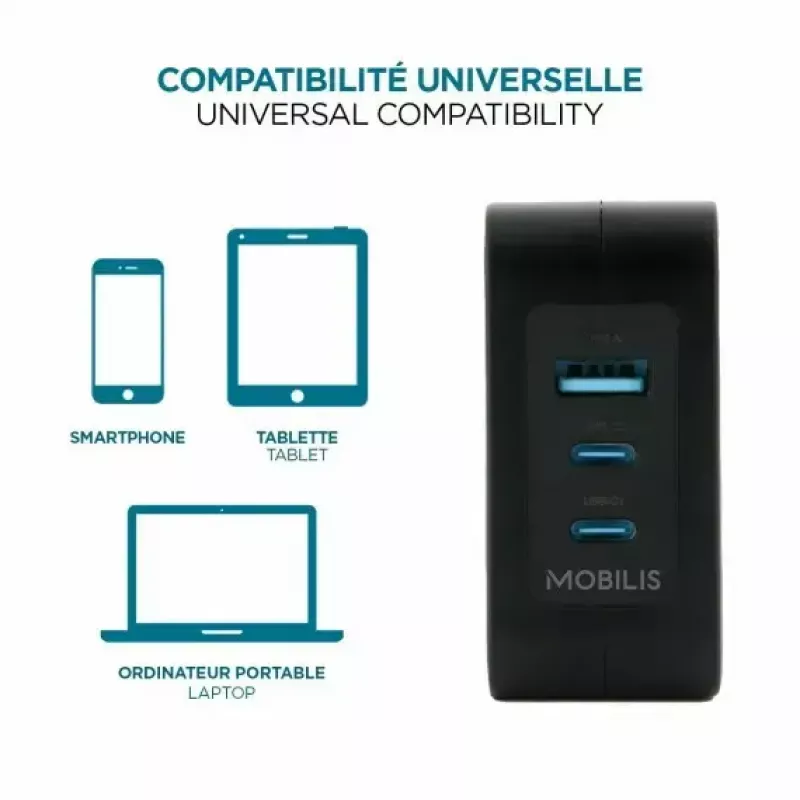 Ravanson Mobilis Ladegerät 100W GaN 2×USB‑C + 1×USB‑A AC für den Innenbereich — für Laptop, Smartphone, Tablet — Schwarz