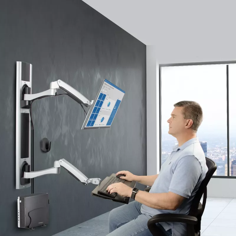 StarTech.com Wandmontage-Workstation, VESA-Halterung für 32-Zoll-Monitore (22 lb/10 kg), voll bewegliche Einzelmonitorhalterung und Tastaturablage mit Desktop-Computer/PC-Halterung, Stehpult
