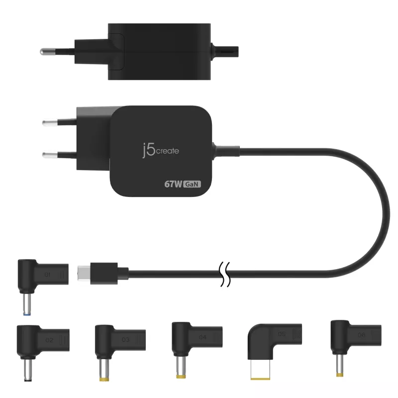j5create JUP1565DC 67W GaN PD USB-C® Mini-Ladegerät mit 6 Arten von DC-Steckern – EU, Schwarz