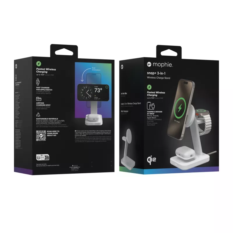 mophie Snap+ 3-in-1 kabellose Ladestation Headset, Smartphone, Smartwatch Weiß USB Kabelloses Laden Schnellladung Innenbereich