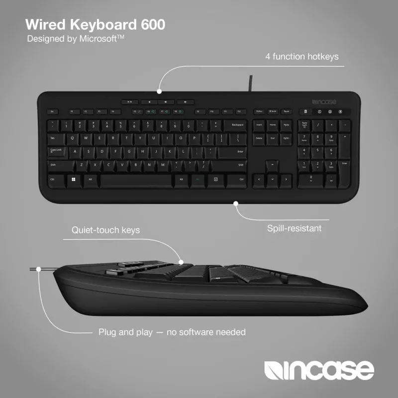 Kabelgebundene Full-Size-Tastatur Incase Designed by Microsoft Wired 600 — USB, QWERTY, UK-Englisch, Schwarz