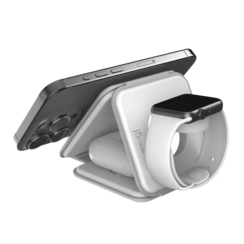j5create Qi2 3-in-1 Magnetic Travel Wireless Charging Station Indoor USB Fast Charging White