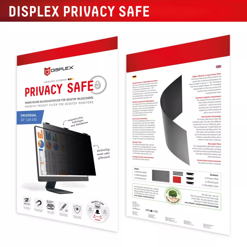 Displex PRIVACY SAFE abnehmbarer 2-Wege-Sichtschutzfilter für Desktop-Monitor 22'' (16:10)