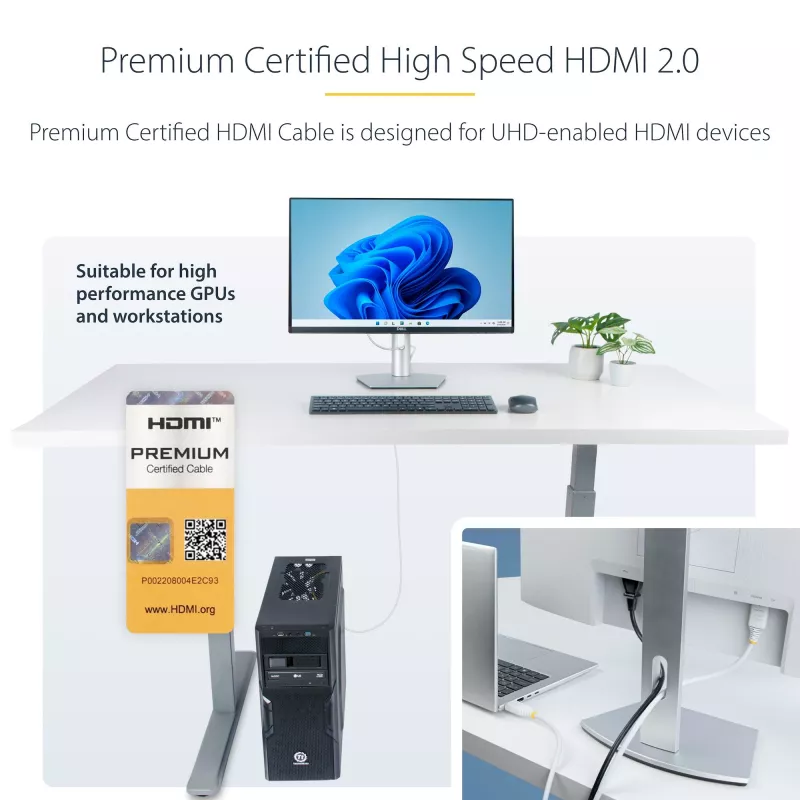StarTech.com 1,8m Premium zertifiziertes High Speed HDMI Kabel, 4K 60Hz/1440p 144Hz, HDR10/HDCP 2.2/ARC, 18Gbps, UHD HDMI 2.0 Kabel für TV/Monitor/Anzeige, TPE Mantel, Weiß