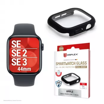 Bildschirmschutz PanzerGlass Displex 10H für Apple Watch SE3/SE2/SE (44mm) – Ganzkörper, IP68, aufclipsbar, schwarz matt