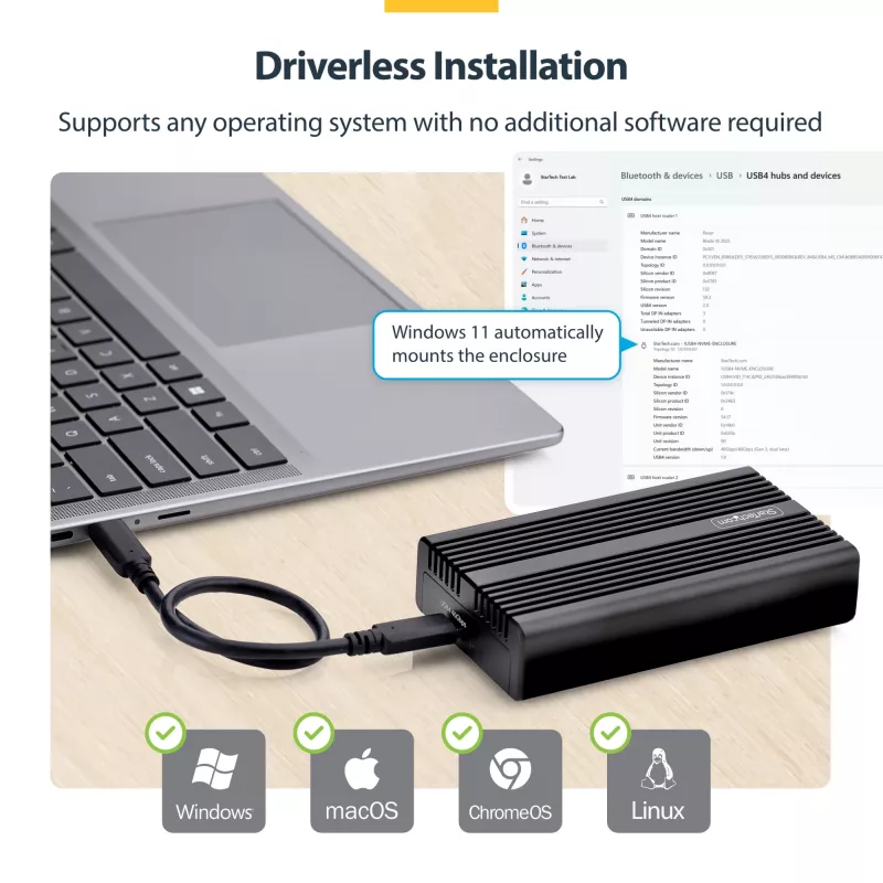 StarTech.com USB4 M.2 NVMe-Gehäuse, 40 Gbit/s, externes USB-C/Thunderbolt NVMe SSD-Gehäuse, Aluminium-Kühlkörpergehäuse, B+M/M-Key