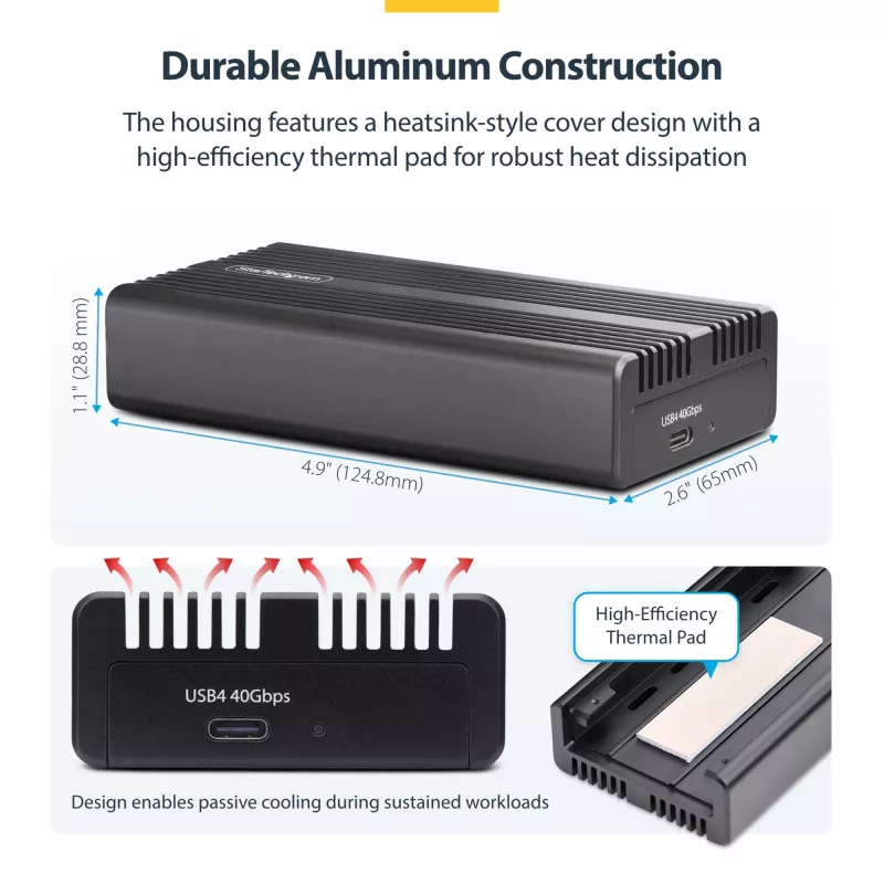 StarTech.com USB4 M.2 NVMe-Gehäuse, 40 Gbit/s, externes USB-C/Thunderbolt NVMe SSD-Gehäuse, Aluminium-Kühlkörpergehäuse, B+M/M-Key