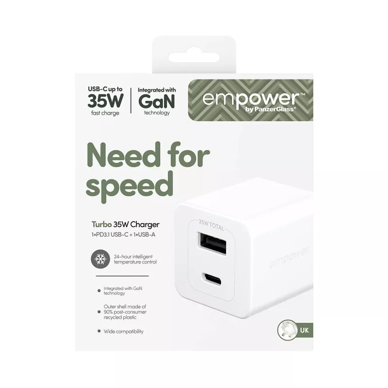PanzerGlass empower™ by ® Turbo 35W Ladegerät inkl. USB-C + USB-A | UK-Stecker | Silberweiß