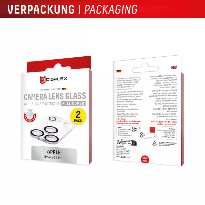 Displex Full Cover Kameralinsen-Glas iPhone 17 Pro, 10H, Vollständiger Kameraschutz, Quick Mount, 2er-Pack