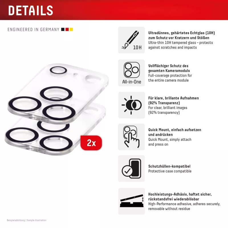 Displex Full Cover Kameralinsen-Schutzglas iPhone 17 Pro Max, 10H, Kompletter Kameraschutz, Schnellmontage, 2er-Pack