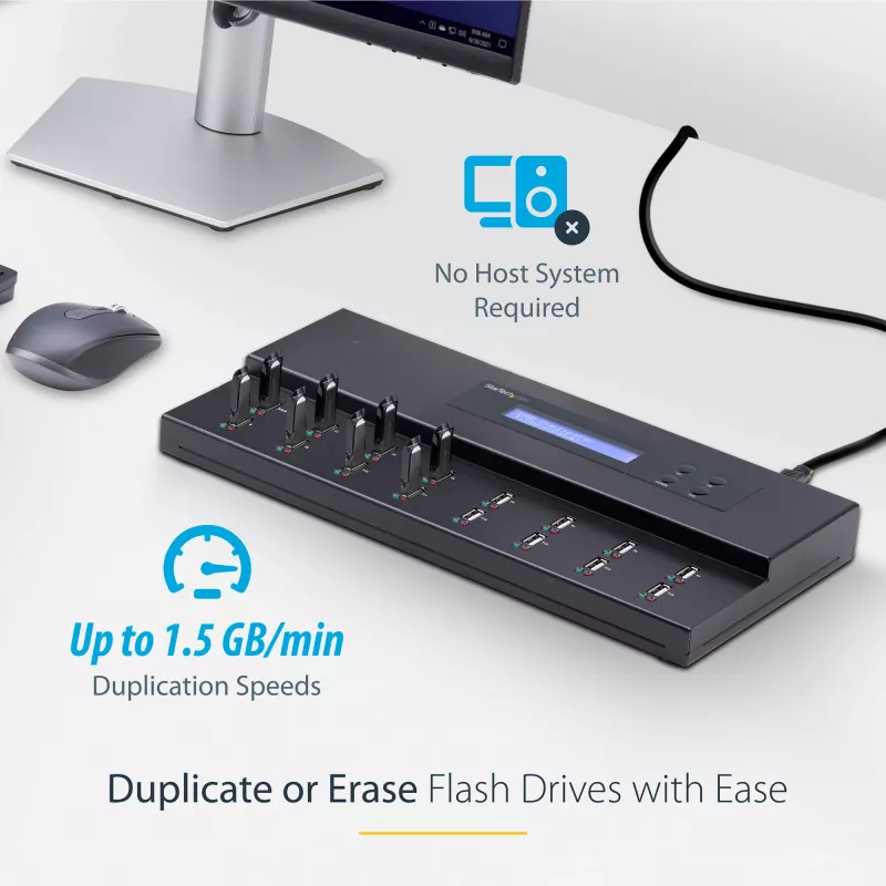 StarTech.com Standalone 1-zu-15 USB-Stick-Duplizierer und -Löscher, Multiples USB-Flash-Laufwerk-Kopierer, System- und Datei- sowie Gesamtlaufwerks-Kopie mit 1,5 GB/min, Einzel- und 3-fach-Löschung, LCD-Anzeige – TAA
