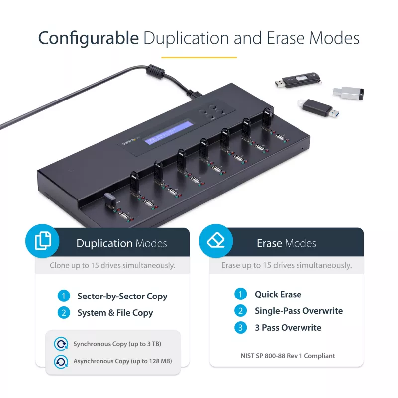 StarTech.com Standalone 1-zu-15 USB-Stick-Duplizierer und -Löscher, Multiples USB-Flash-Laufwerk-Kopierer, System- und Datei- sowie Gesamtlaufwerks-Kopie mit 1,5 GB/min, Einzel- und 3-fach-Löschung, LCD-Anzeige – TAA