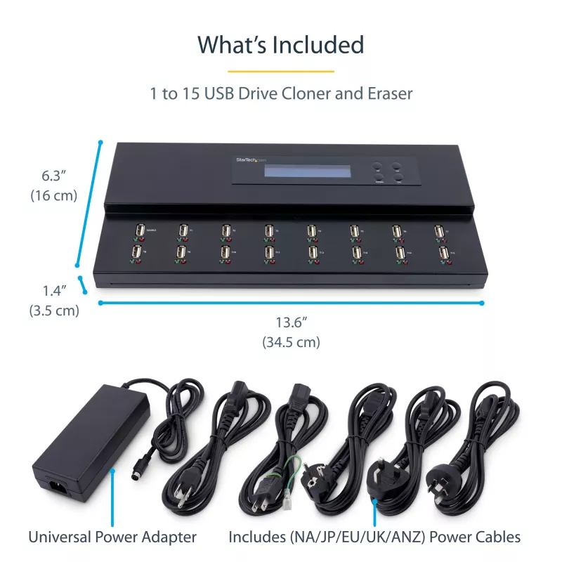 StarTech.com Standalone 1-zu-15 USB-Stick-Duplizierer und -Löscher, Multiples USB-Flash-Laufwerk-Kopierer, System- und Datei- sowie Gesamtlaufwerks-Kopie mit 1,5 GB/min, Einzel- und 3-fach-Löschung, LCD-Anzeige – TAA