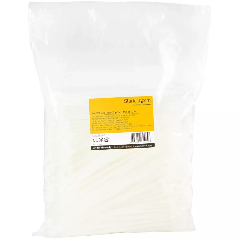 StarTech.com 8 Zoll (20 cm) Kabelbinder – 1/8 Zoll (4 mm) breit, 2-1/8 Zoll (55 mm) Bündeldurchmesser, 50 lb (22 kg) Zugfestigkeit, selbstsichernde Nylon-Kabelbinder mit gebogener Spitze – 94V-2/UL-gelistet, 1000er-Pack – Weiß