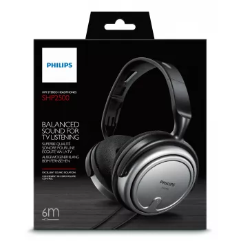 Philips SHP2500/10 kabelgebundene Over-Ear-Kopfhörer für TV, 6 m Kabel, 3,5/6,3-mm-Klinke, 9 - 23000 Hz, 32 Ohm, Lautstärkeregler, Schwarz/Silber