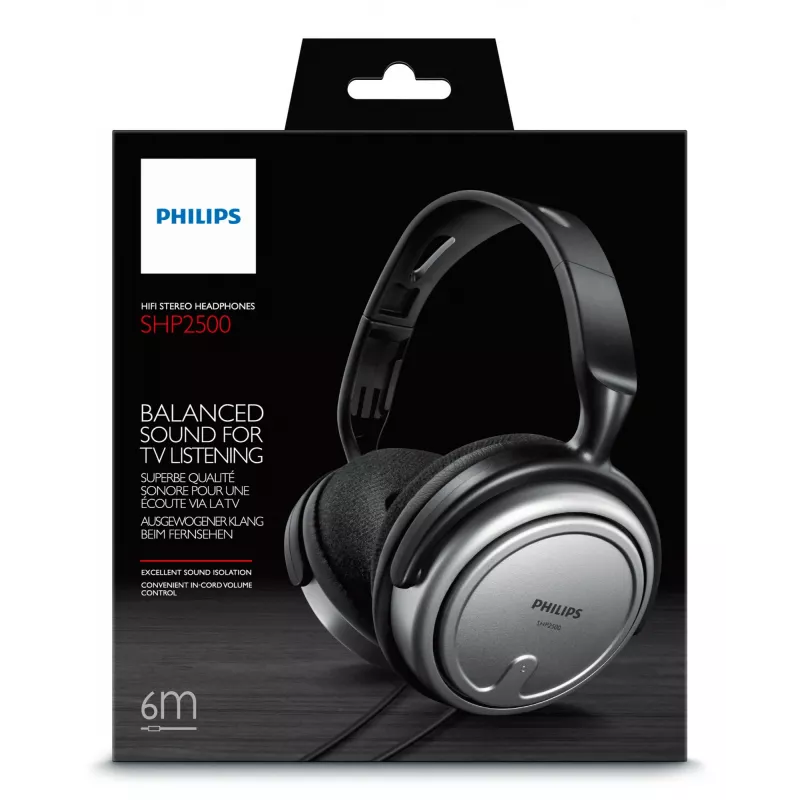 Philips Indoor Corded TV Headphone SHP2500/10, kabelgebunden, 15 - 22000 Hz, Musik, 909 g, Kopfhörer, Schwarz, Silber