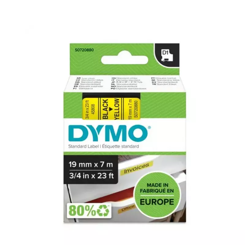 DYMO Authentic D1 Labels | Schwarzer Druck auf gelbem Band | 19 mm x 7 m | Selbstklebende Etiketten für LabelManager Etikettendrucker | Hergestellt in Europa