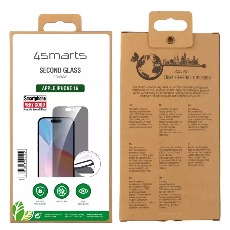 Displayschutzfolie 4smarts 541197 für Apple iPhone 16 gehärtetes Glas