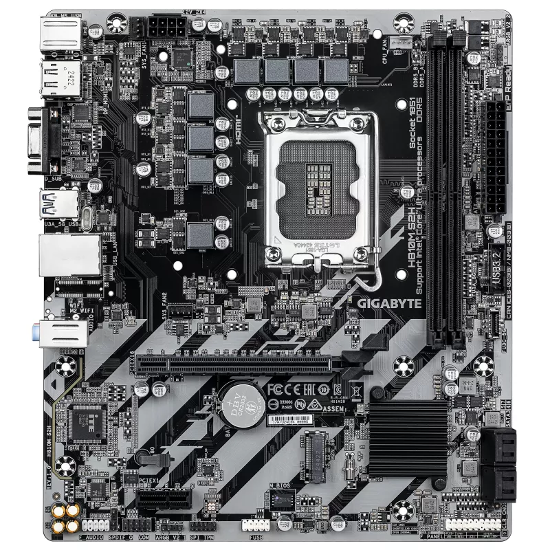 GIGABYTE H810M S2H Mainboard - Intel Core Ultra (Serie 2) CPUs, 4+1+2 Phasen VRM, bis zu 6400MHz DDR5, 1xPCIe 4.0 M.2, 1GbE LAN, USB 3.2 Gen 1