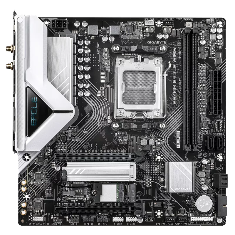 GIGABYTE B840M EAGLE WIFI6 Motherboard - AMD Ryzen 9000 CPUs, 5+2+2 Phasen VRM, bis zu 7600 MHz DDR5 (O.C.), 1x PCIe 4.0 + 1x PCIe 3.0 M.2, Wi-Fi 6, 2,5 GbE LAN, USB 3.2 Gen 1