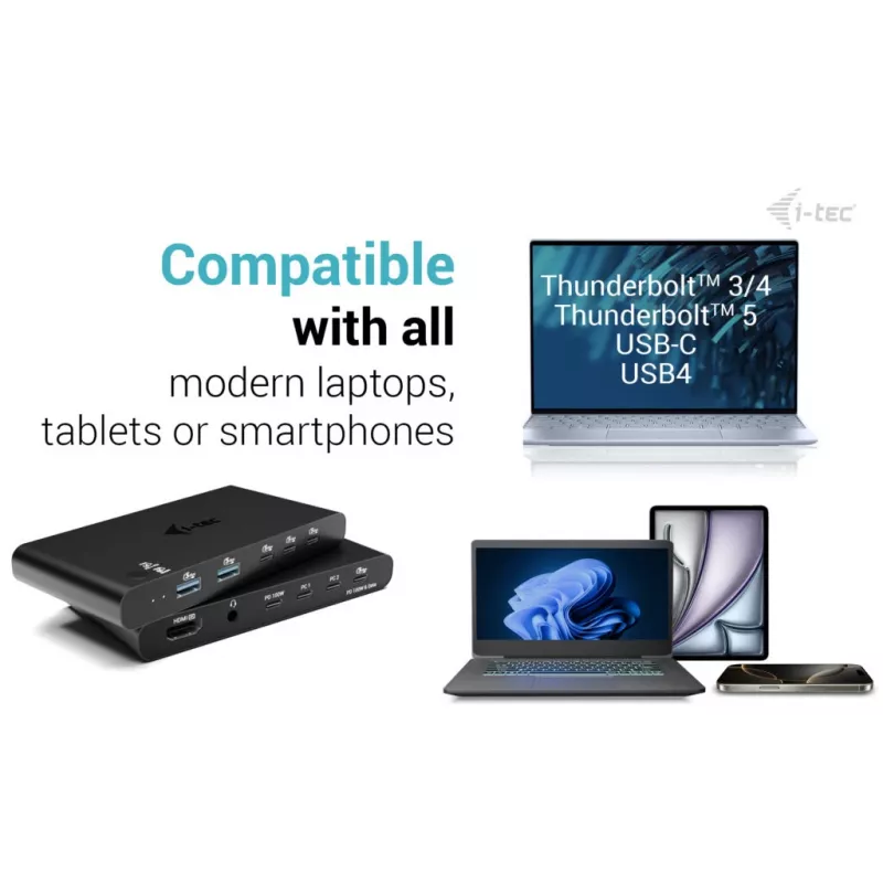 KVM Docking Station i-tec für 2 Hosts HDMI, USB-C Host-Schnittstelle, PD 2×100W, 4K@60Hz, 2×USB-A