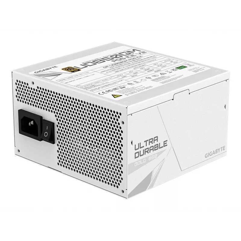Netzteil GIGABYTE UD850GM PG5 V2 ICE – 850 W, PCIe Gen 5.1, 80 PLUS Gold, vollständig modular, 120-mm-Lüfter, ATX 3.1, UK-Stecker, Weiß