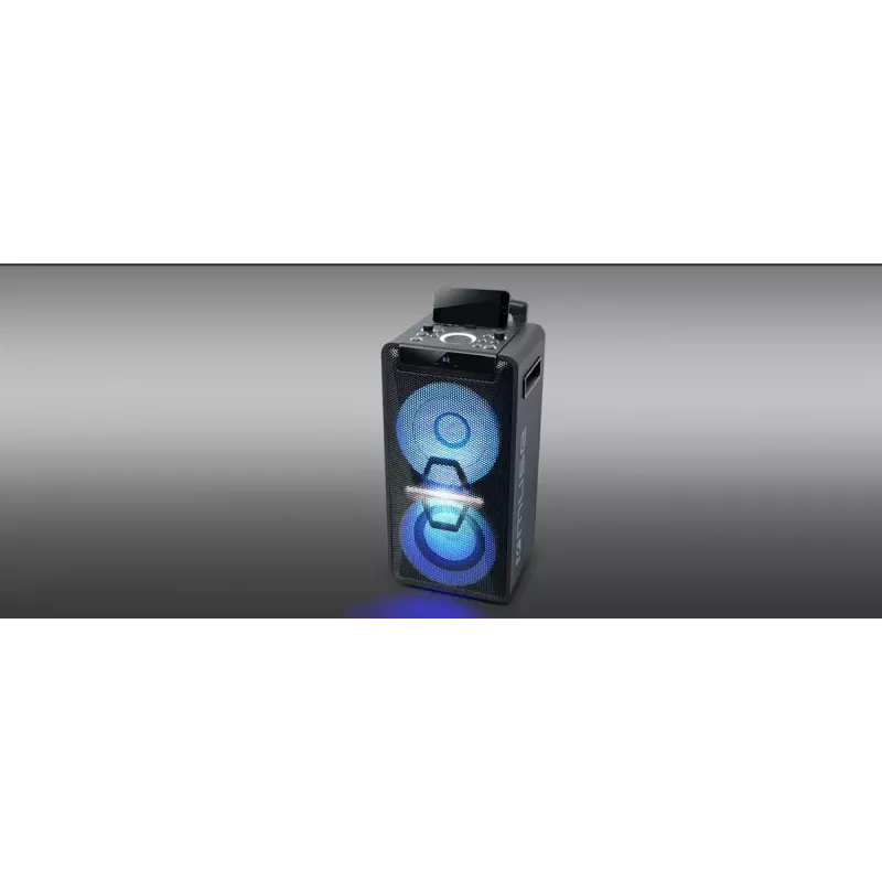 Tragbarer Lautsprecher Muse M-1920 DJ — 300 W RMS, netzbetrieben, 3,5-mm-Eingang, 256×287×534 mm, 7 kg, schwarz