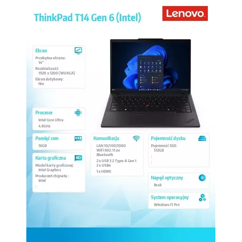 Laptop Lenovo ThinkPad T14 G6 14,0 Zoll Ultra 5 225U 16GB 512GB INT W11Pro Schwarz