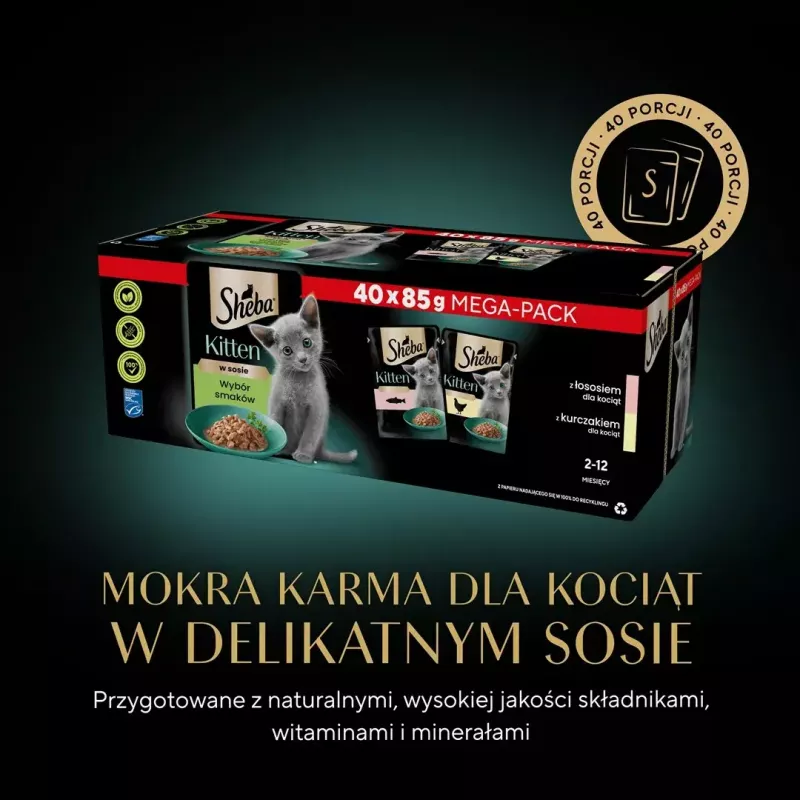 Nassfutter für Katzen Sheba Kitten Selection of Flavors in Sauce 40×85 g — Nassfutter für Kätzchen, 40 Beutel x 85 g, 3,4 kg, Hauptgeschmack Huhn