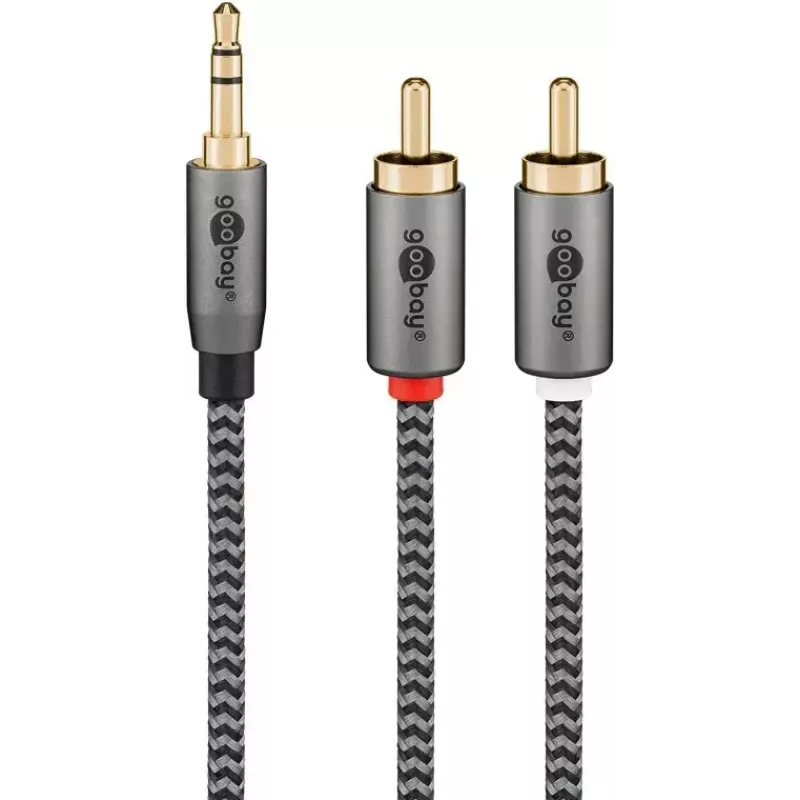 Audiokabel Goobay 65285 3,5 mm Klinke auf 2×Cinch, 1 m, Kupfer, vergoldete Kontakte, magnetisch geschirmt (Silber/Schwarz)