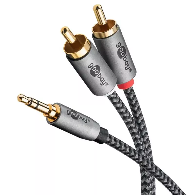 Audiokabel Goobay 65285 3,5 mm Klinke auf 2×Cinch, 1 m, Kupfer, vergoldete Kontakte, magnetisch geschirmt (Silber/Schwarz)