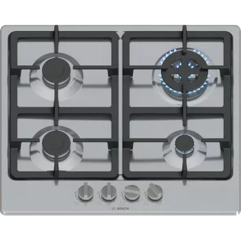 Einbau-Gaskochfeld Bosch Serie 4 PGH6B5K90, 4-Zonen Edelstahl, 60 cm, Drehregler, Wokbrenner