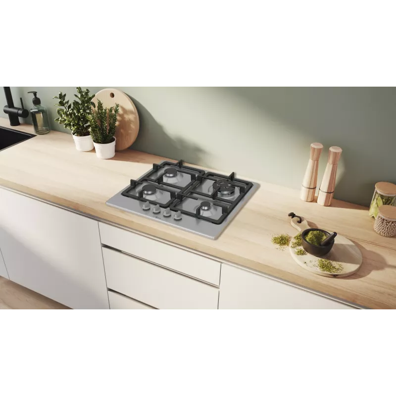 Einbau-Gaskochfeld Bosch Serie 4 PGH6B5K90, 4-Zonen Edelstahl, 60 cm, Drehregler, Wokbrenner