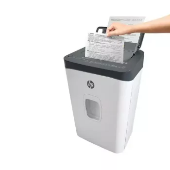 Aktenvernichter HP ONESHRED Auto 200CC — automatische Zufuhr für 200 Blatt, Mikroschnitt P-4, 28-Liter-Auffangbehälter, weiß-grau