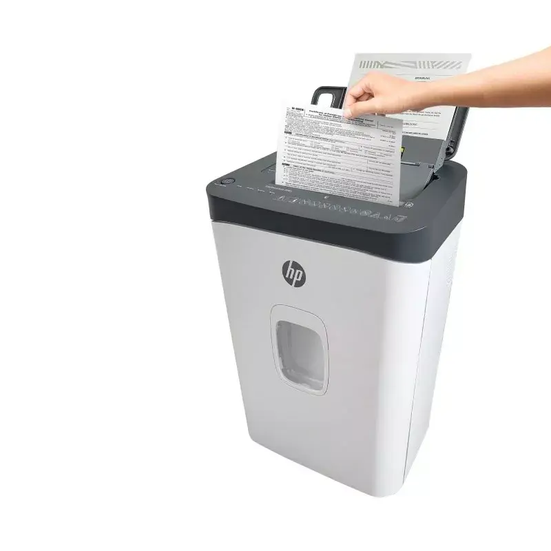 Aktenvernichter HP ONESHRED Auto 200CC — automatische Zufuhr für 200 Blatt, Mikroschnitt P-4, 28-Liter-Auffangbehälter, weiß-grau
