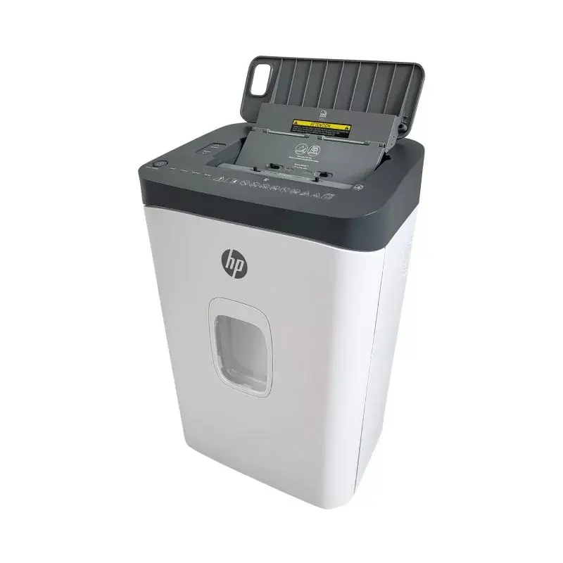 Aktenvernichter HP ONESHRED Auto 200CC — automatische Zufuhr für 200 Blatt, Mikroschnitt P-4, 28-Liter-Auffangbehälter, weiß-grau
