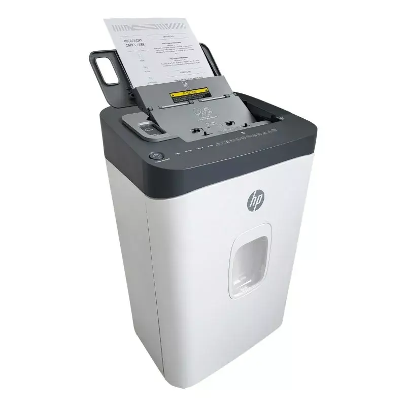 Aktenvernichter HP ONESHRED Auto 200CC — automatische Zufuhr für 200 Blatt, Mikroschnitt P-4, 28-Liter-Auffangbehälter, weiß-grau