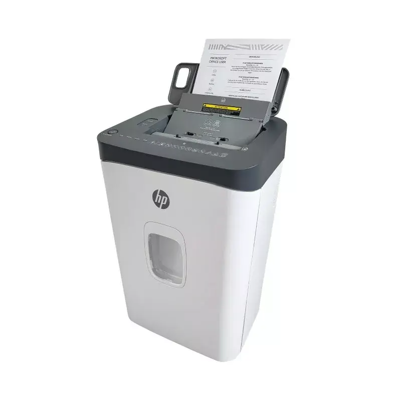 Aktenvernichter HP ONESHRED Auto 200CC — automatische Zufuhr für 200 Blatt, Mikroschnitt P-4, 28-Liter-Auffangbehälter, weiß-grau