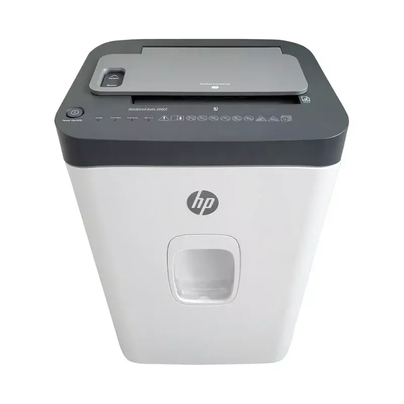 Aktenvernichter HP ONESHRED Auto 200CC — automatische Zufuhr für 200 Blatt, Mikroschnitt P-4, 28-Liter-Auffangbehälter, weiß-grau