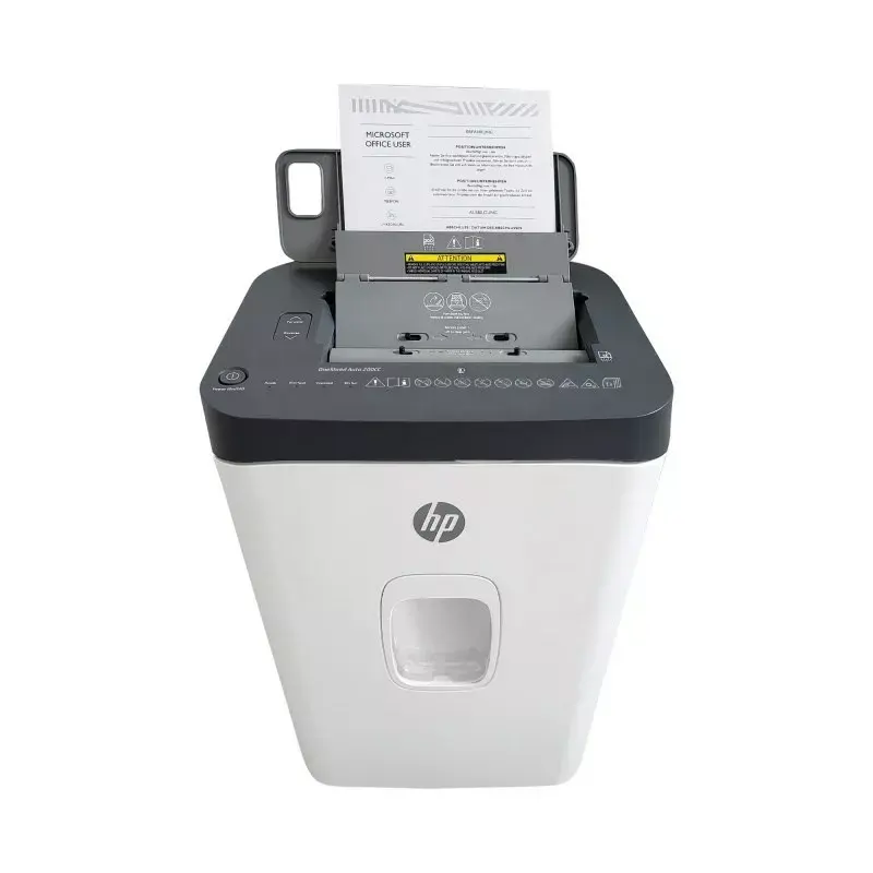 Aktenvernichter HP ONESHRED Auto 200CC — automatische Zufuhr für 200 Blatt, Mikroschnitt P-4, 28-Liter-Auffangbehälter, weiß-grau